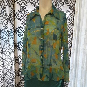 CDW Medium Sheer Button-Down Shirt Blue & Green | Lightweight Layering Blouse.